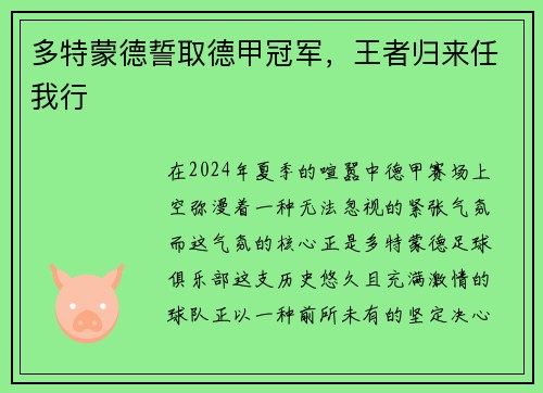 多特蒙德誓取德甲冠军，王者归来任我行